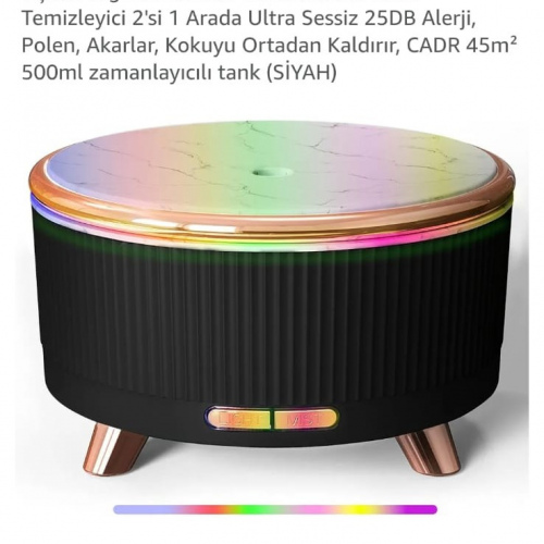  500ml zamanlayıcılı tank (SİYAH)Uçucu Yağ Difüzörü ve Nemlendirici-Hava Temizleyici 2'si 1 Arada Ultra Sessiz 25DB Alerji, Polen, Akarlar, Kokuyu Ortadan Kaldırır, CADR 45m²